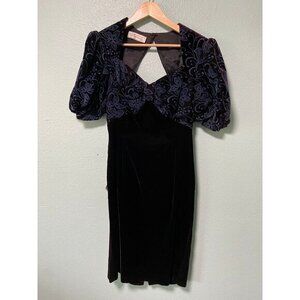 Vintage Scott McClintock Women's Blue and Purple‎ Floral Velvet Open Back Dress